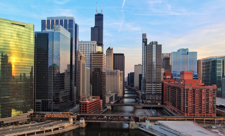 Chicago Downtown Skyline Along River