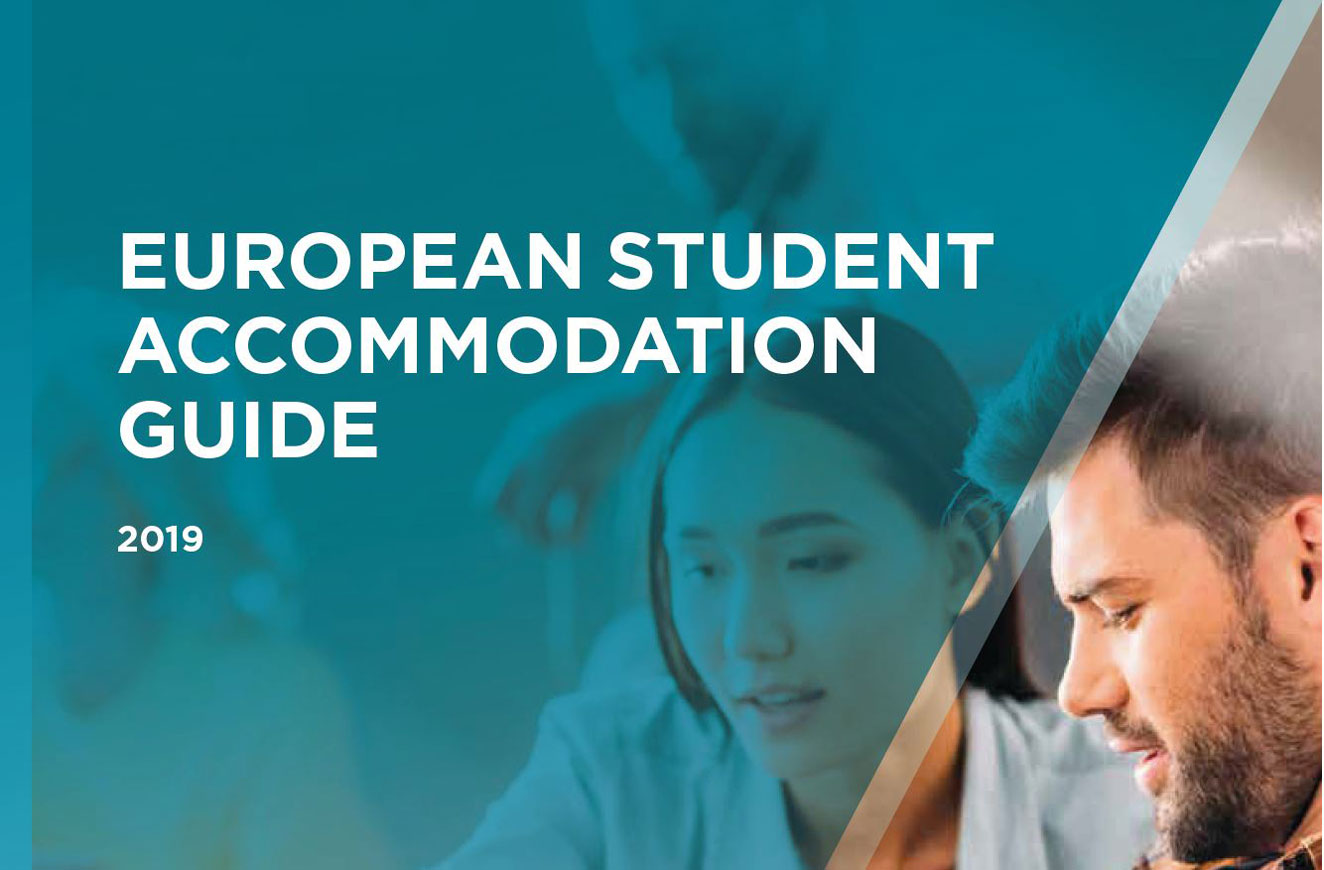 European Student Accommodation Guide 2019 cover -  young man with beard and young woman working side by side at desk