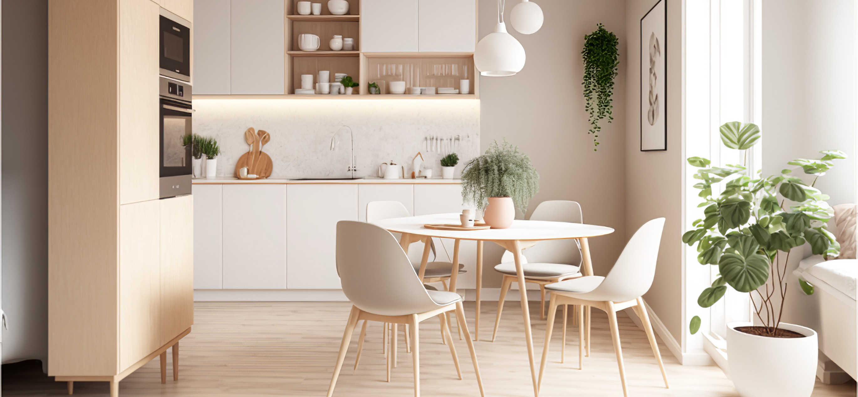 Kitchen with wooden floor and white furniture, modern