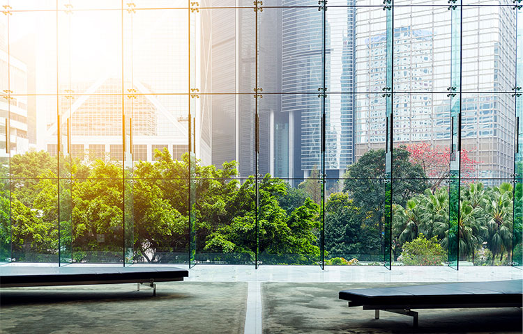 Office building glass wall with reflection
