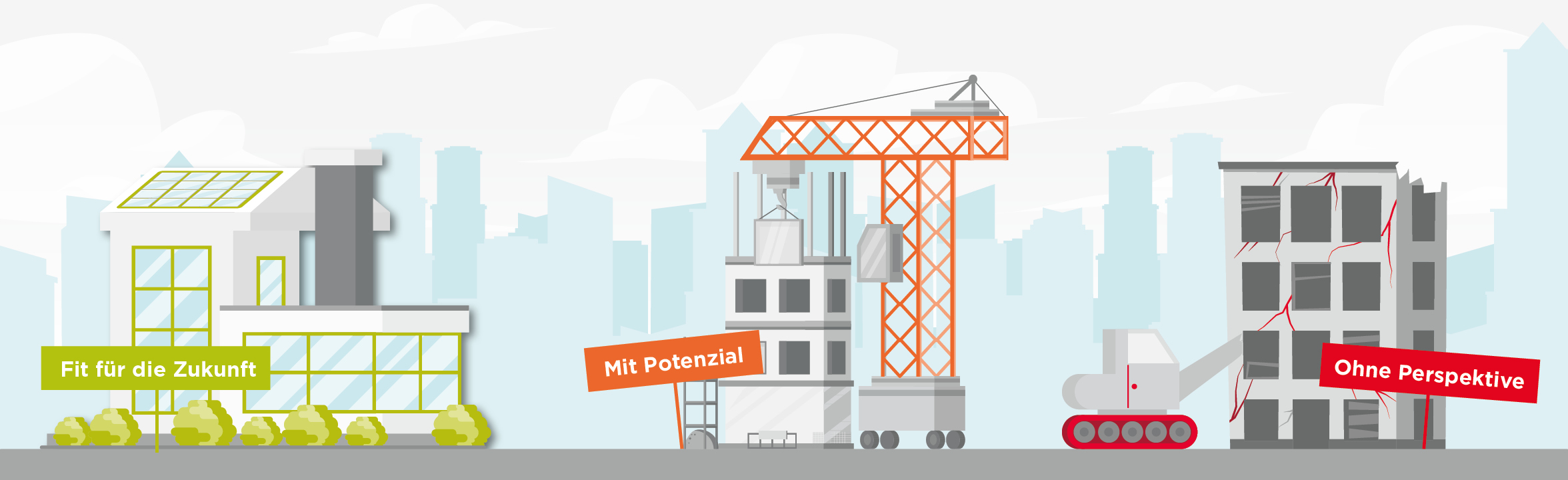 Illustration of a green factory, a construction site with crane and an old building