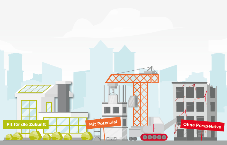 Illustration of a green factory, a construction site with crane and an old building