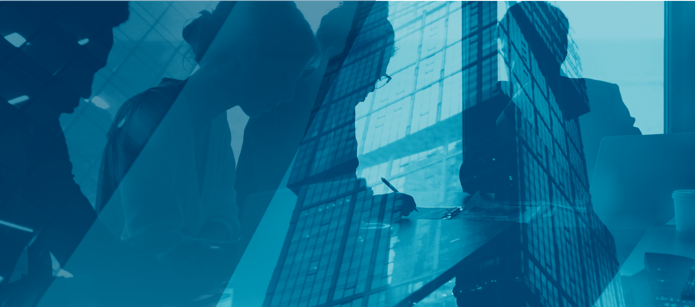 blue duotone graphic of people in office